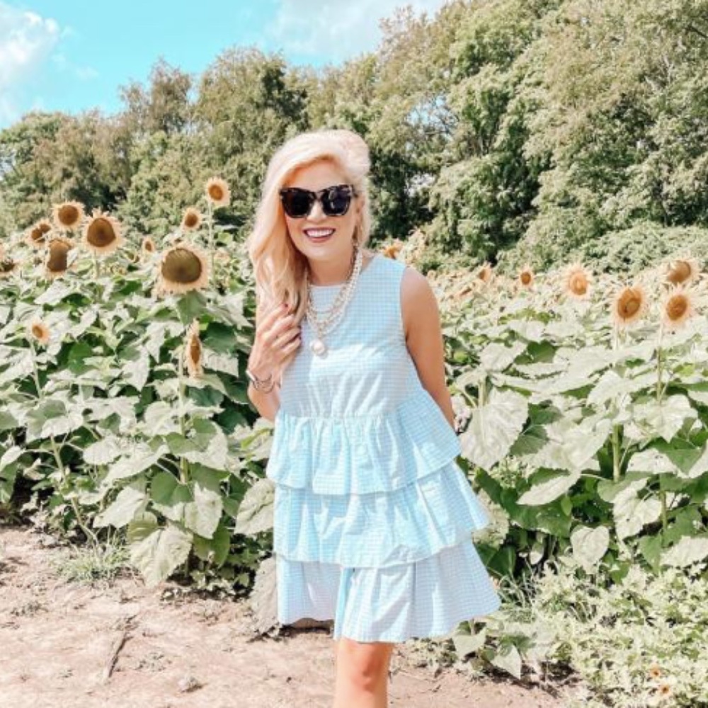 Who What Wear Blue Gingham Tiered Ruffle Dress